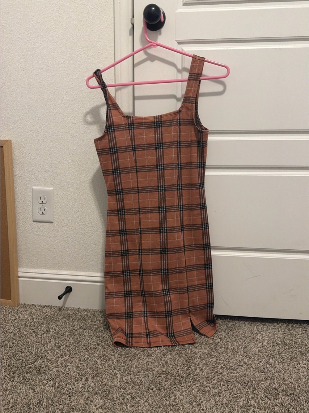 Plaid Square-Neck Tank Dress in Rust